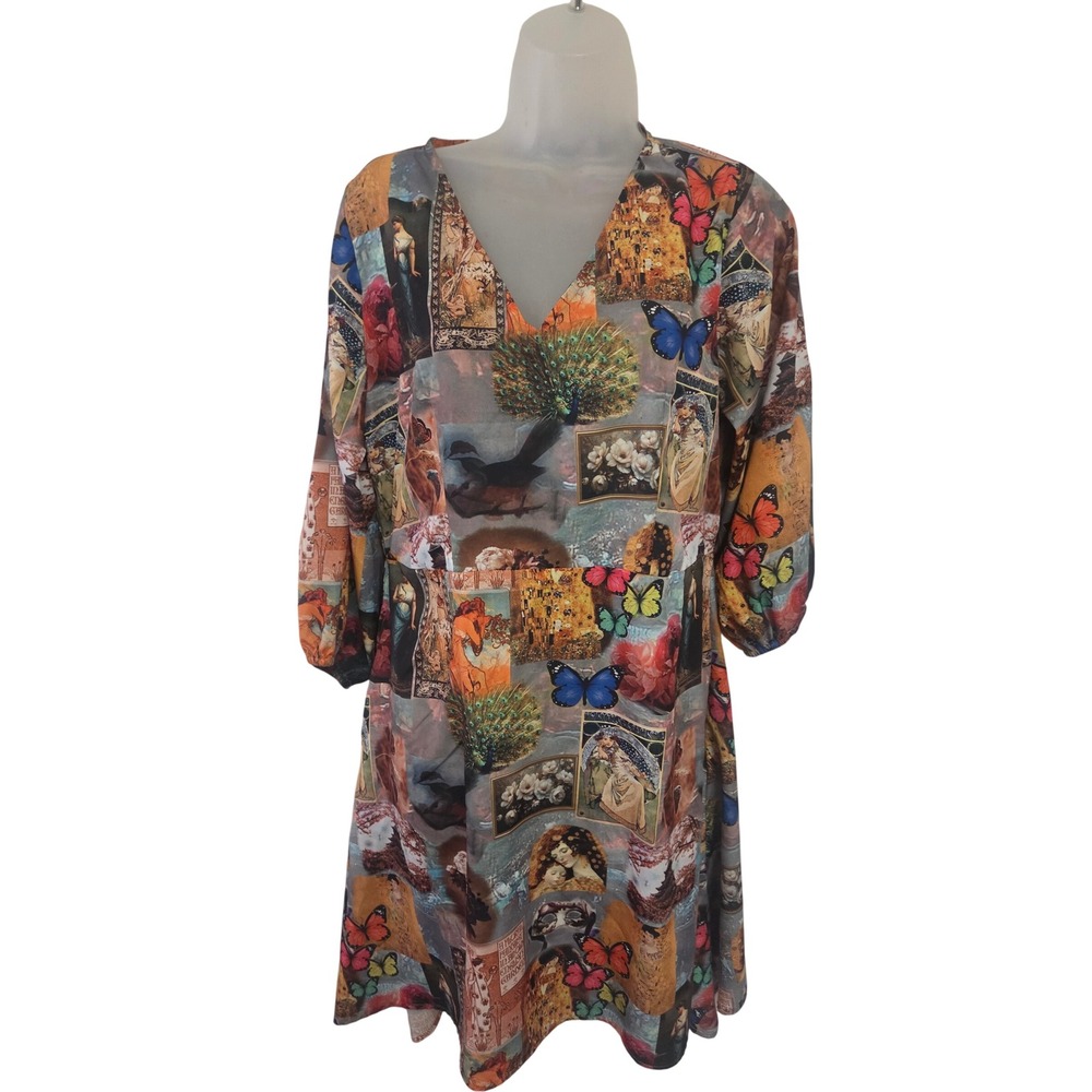 Topaz Art in Fashion Women V-Neck Art Collage Print Dress Butterflies S/M